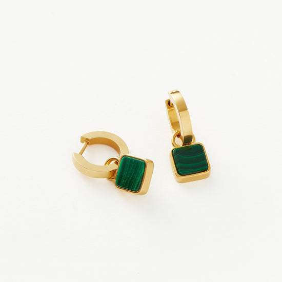 Lucy Williams Square Malachite Charm Mini Hoop Earrings | 18ct Gold Plated Vermeil/Malachite Earrings Missoma 