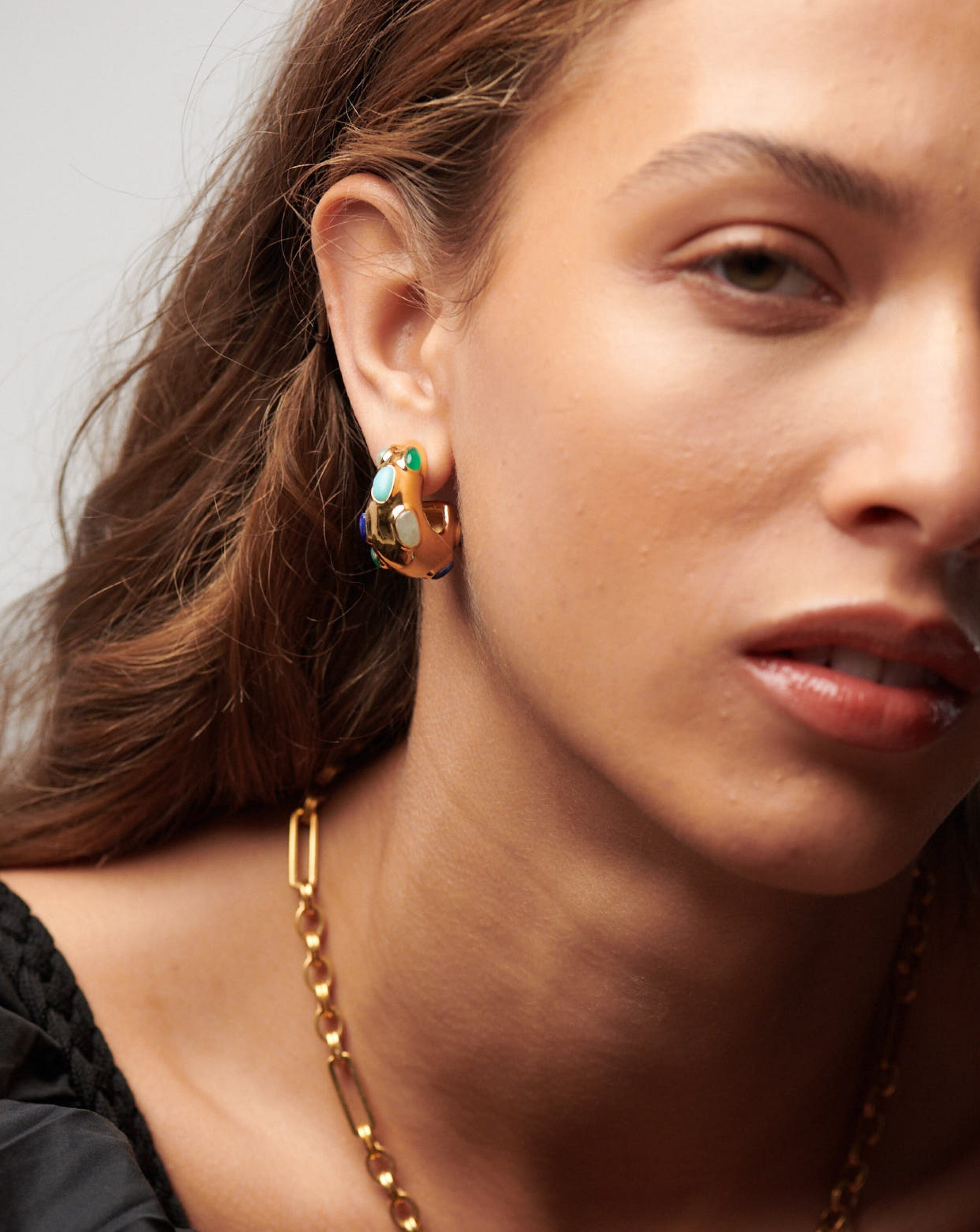 Molten Gemstone Chubby Medium Hoop Earrings | 18ct Gold Plated/Chalcedony & Turquoise & Aquamarine Earrings Missoma 