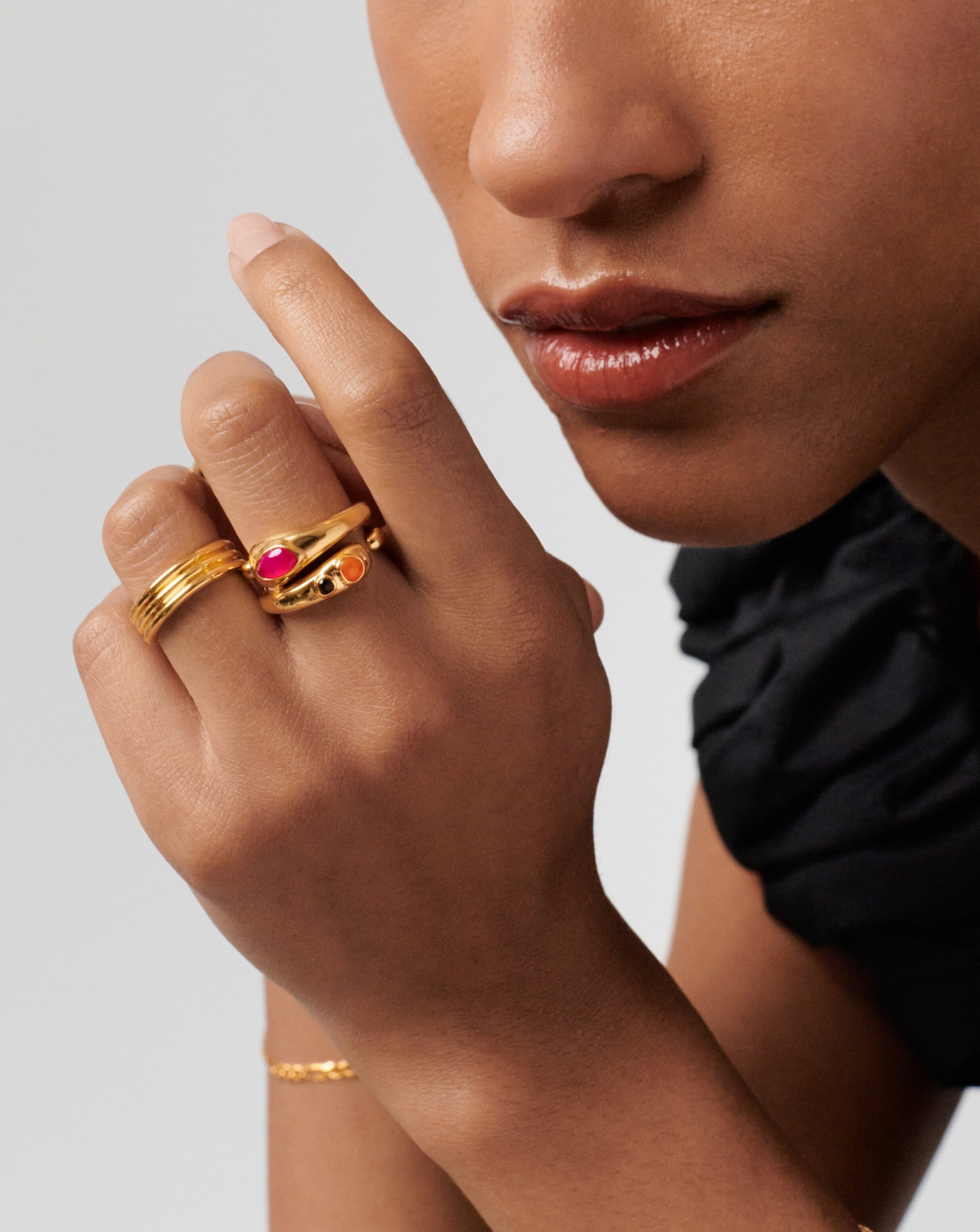 Molten Gemstone Double Stacking Ring Set | 18ct Gold Plated/Quartz & Chalcedony Rings Missoma 