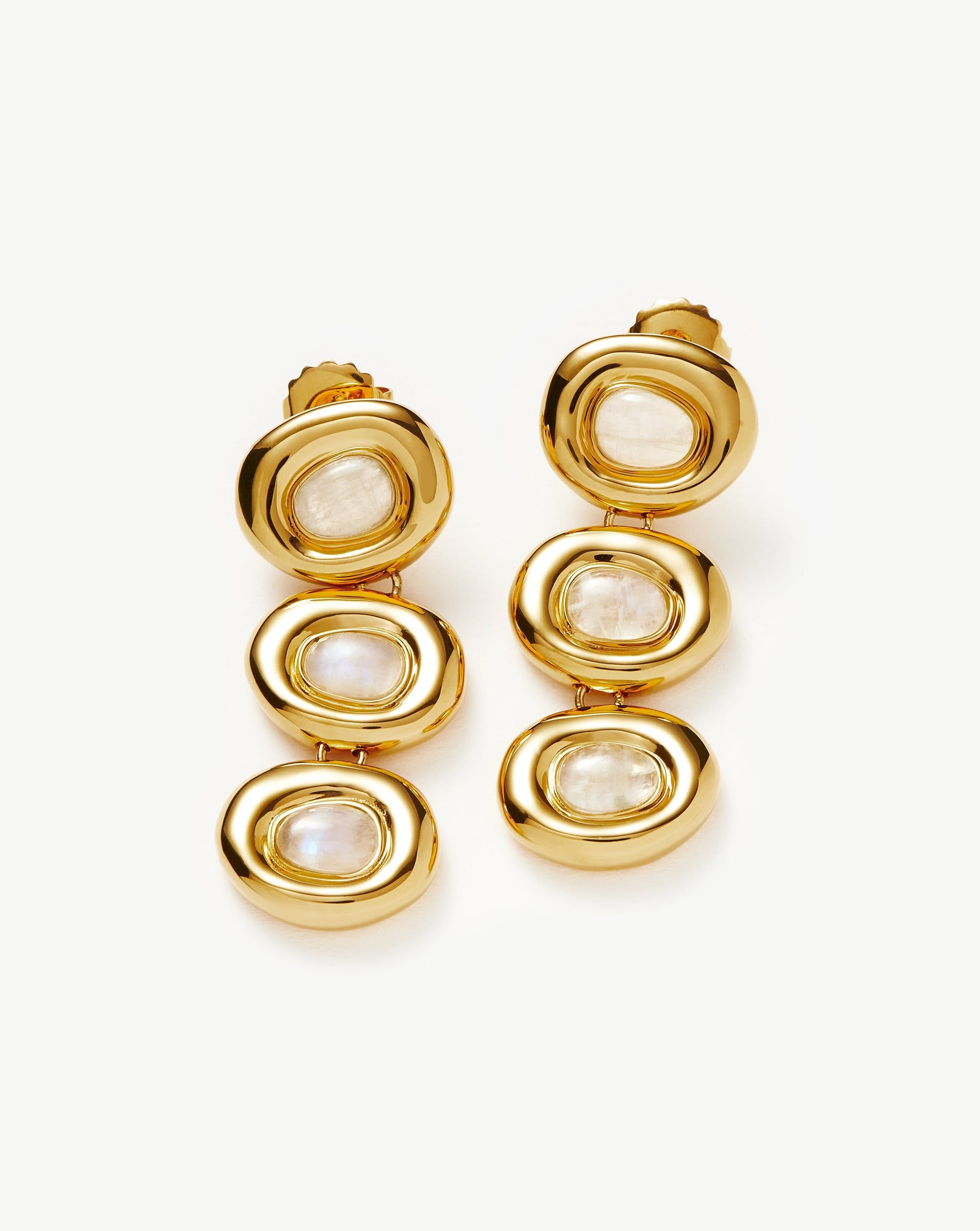 Molten Gemstone Doughnut Triple Charm Drop Earrings | 18ct Gold Plated/Rainbow Moonstone Earrings Missoma 