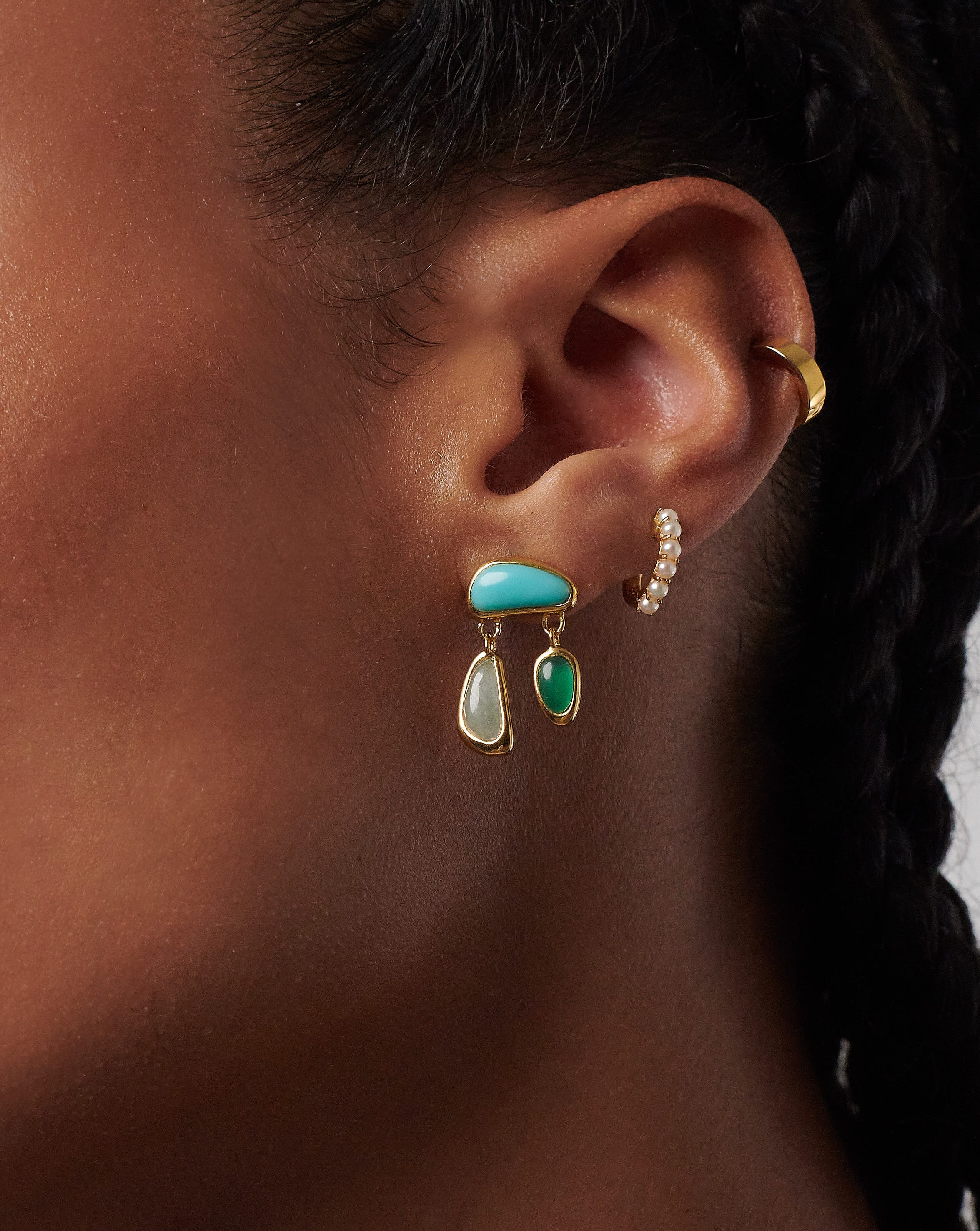 Molten Gemstone Floating Charm Stud Earrings | 18ct Gold Plated/Chalcedony & Turquoise & Aquamarine Earrings Missoma 