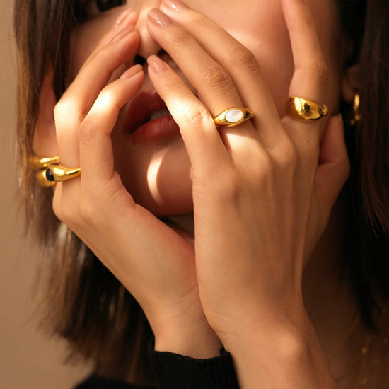 Savi Sculptural Gemstone Stacking Ring | 18ct Gold Plated Vermeil/Mother of Pearl Rings Missoma 