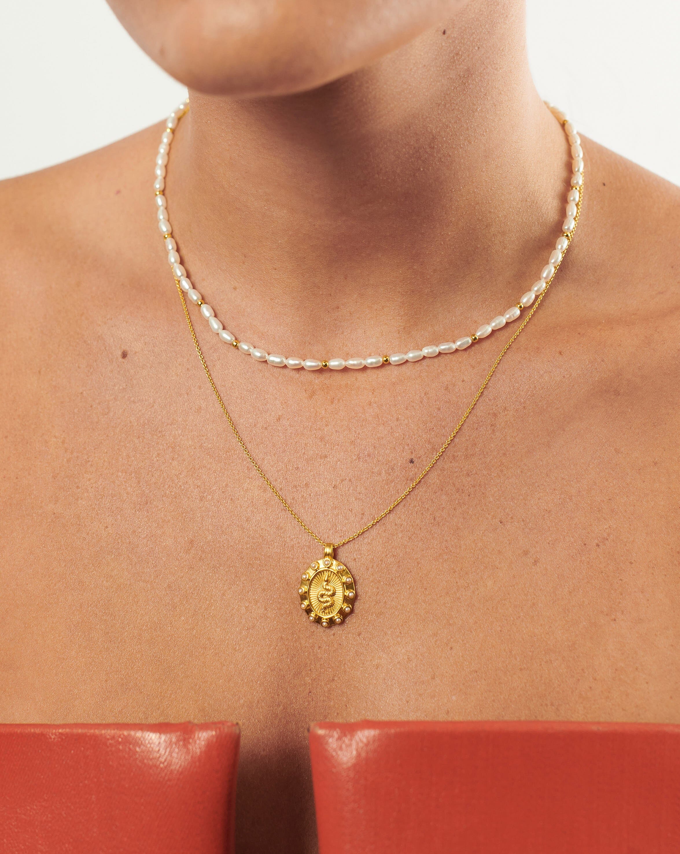 Serpent Pearl Pendant Necklace Set | 18ct Gold Plated Vermeil/Pearl Layering Sets Missoma 