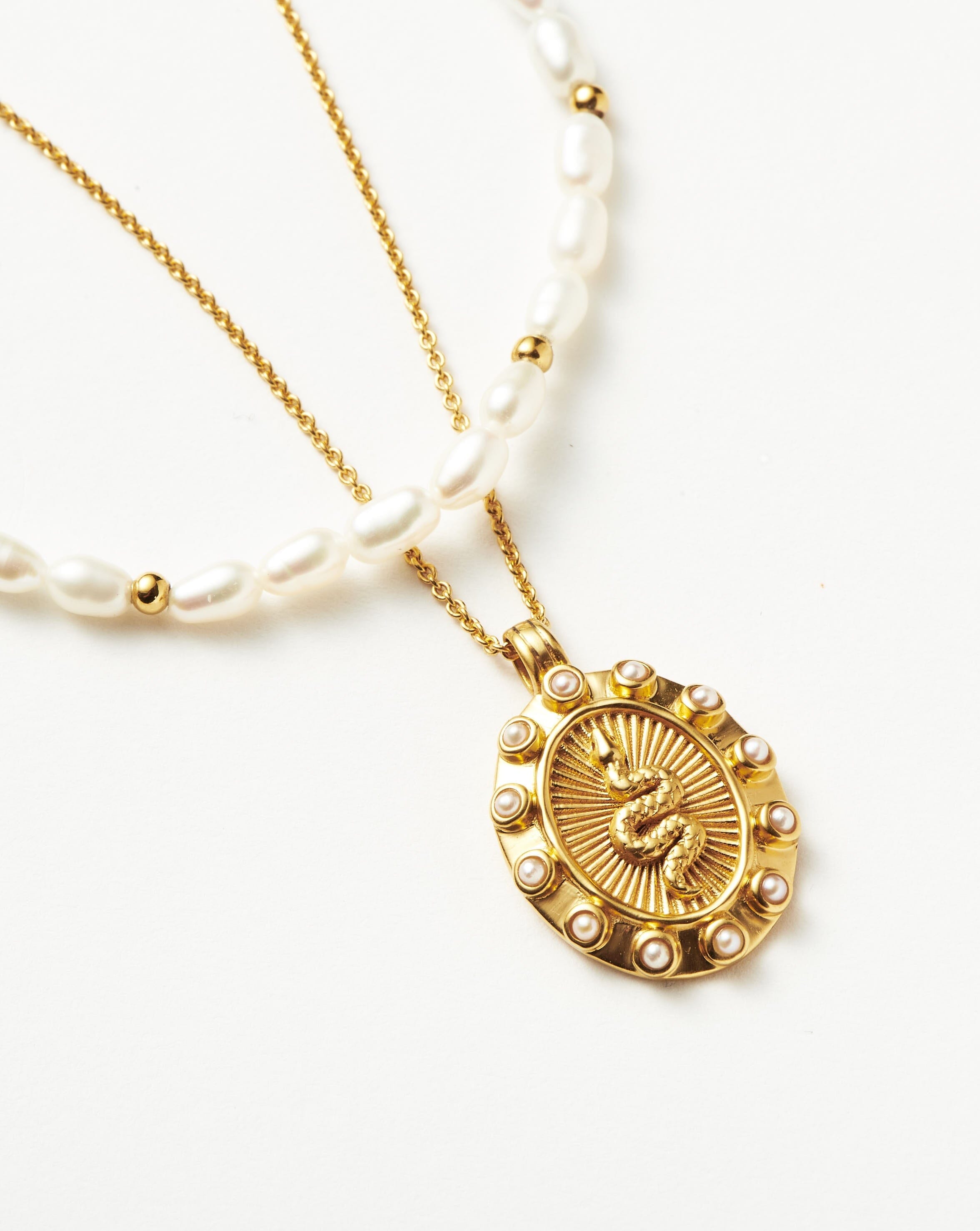 Serpent Pearl Pendant Necklace Set | 18ct Gold Plated Vermeil/Pearl Layering Sets Missoma 