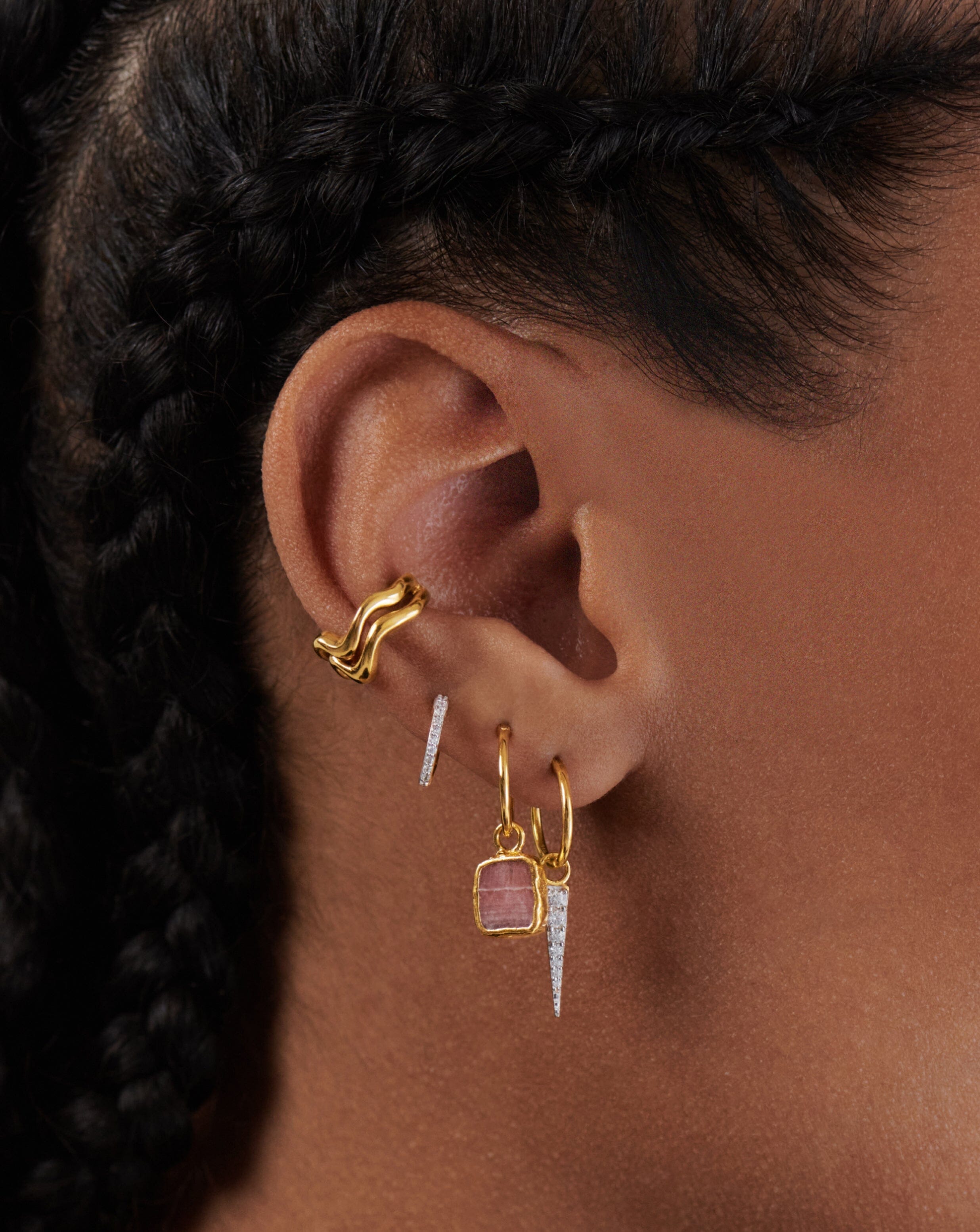 Spike Gemstone Mix and Match Charm Mini Hoop Earring Set | 18ct Gold Plated Vermeil/Rhodochrosite Layering Sets Missoma 