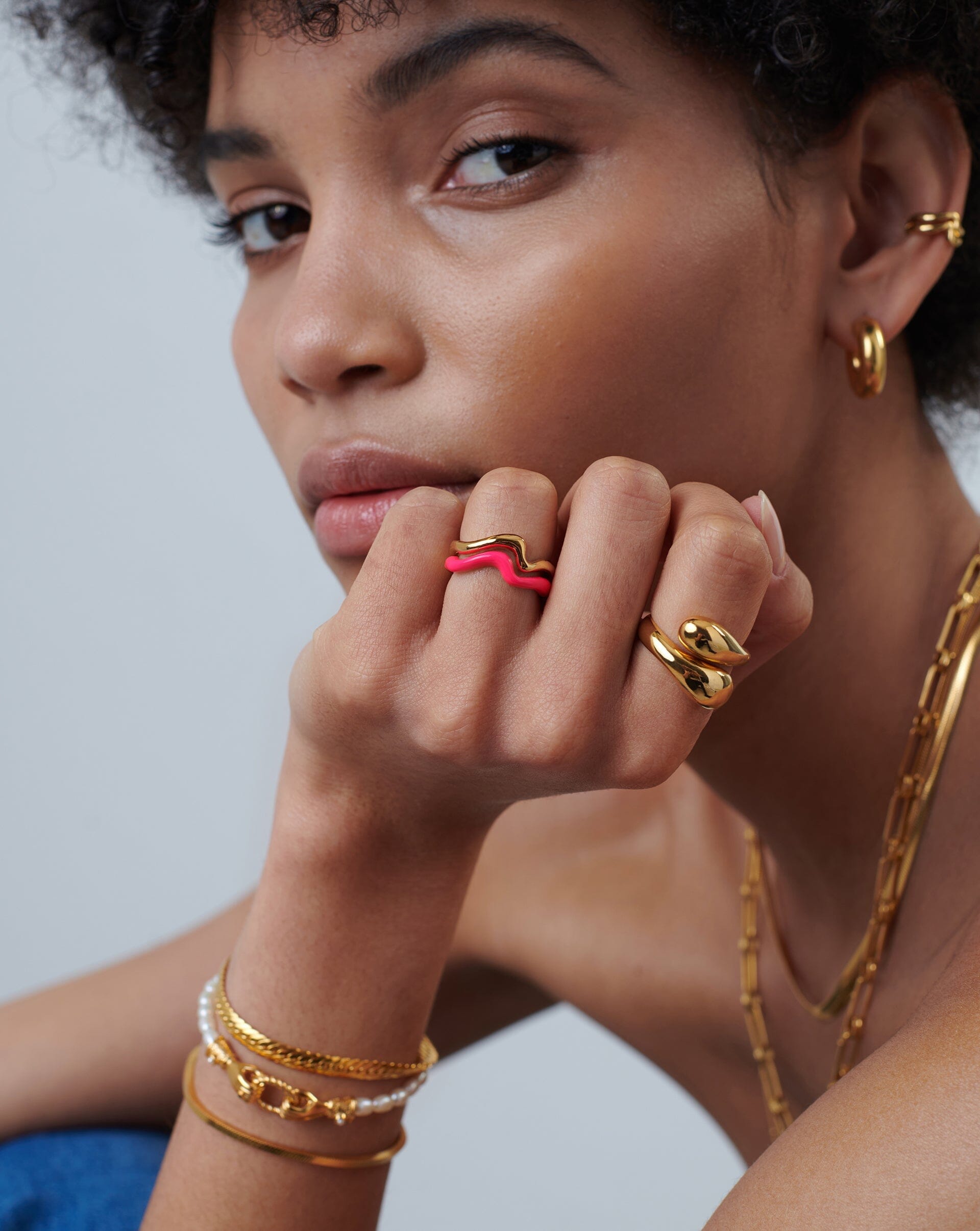 Squiggle Curve Two Tone Enamel Stacking Ring | 18ct Gold Plated Vermeil/Hot Pink Rings Missoma 