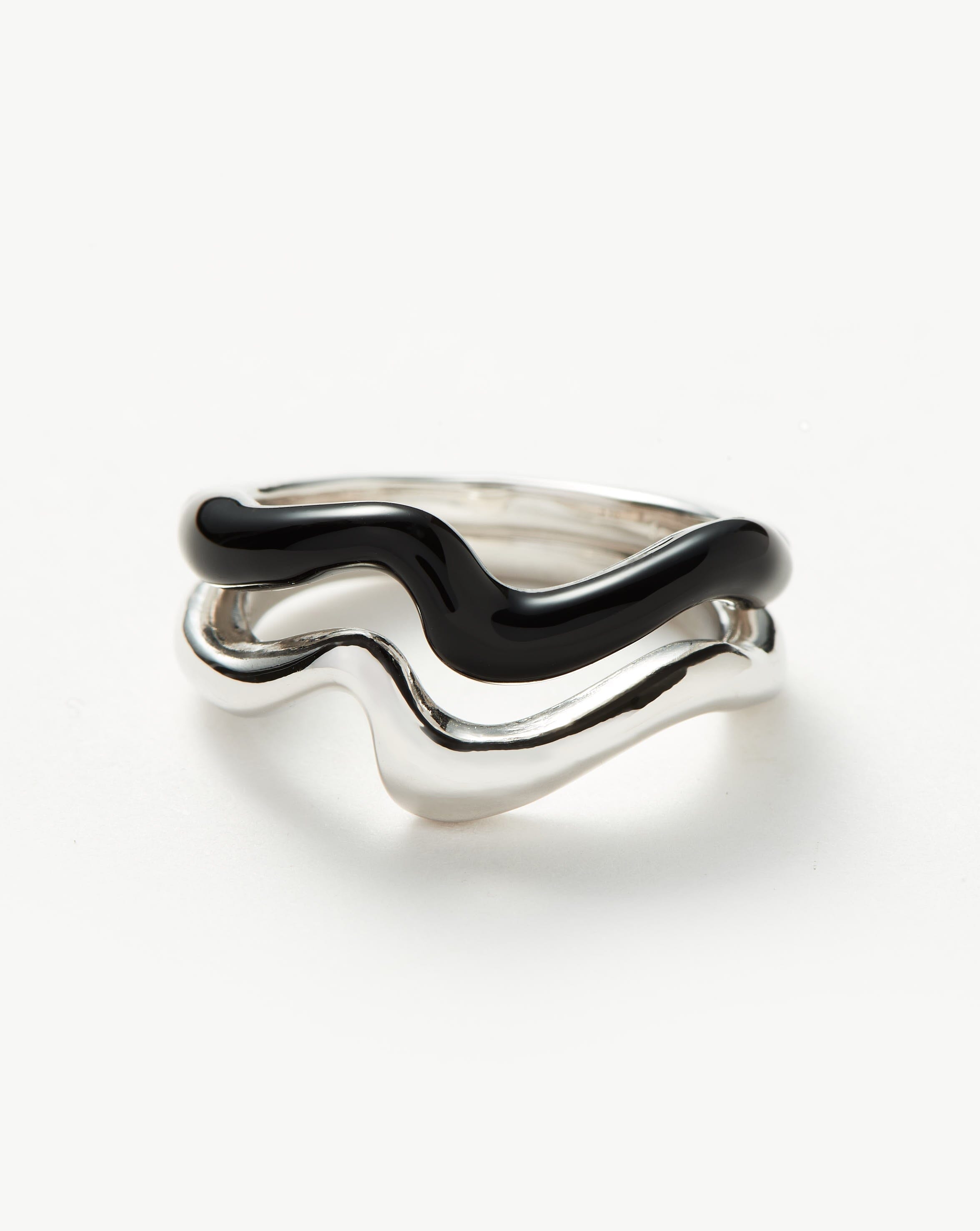 Squiggle Curve Two Tone Enamel Stacking Ring | Sterling Silver/Black Rings Missoma 