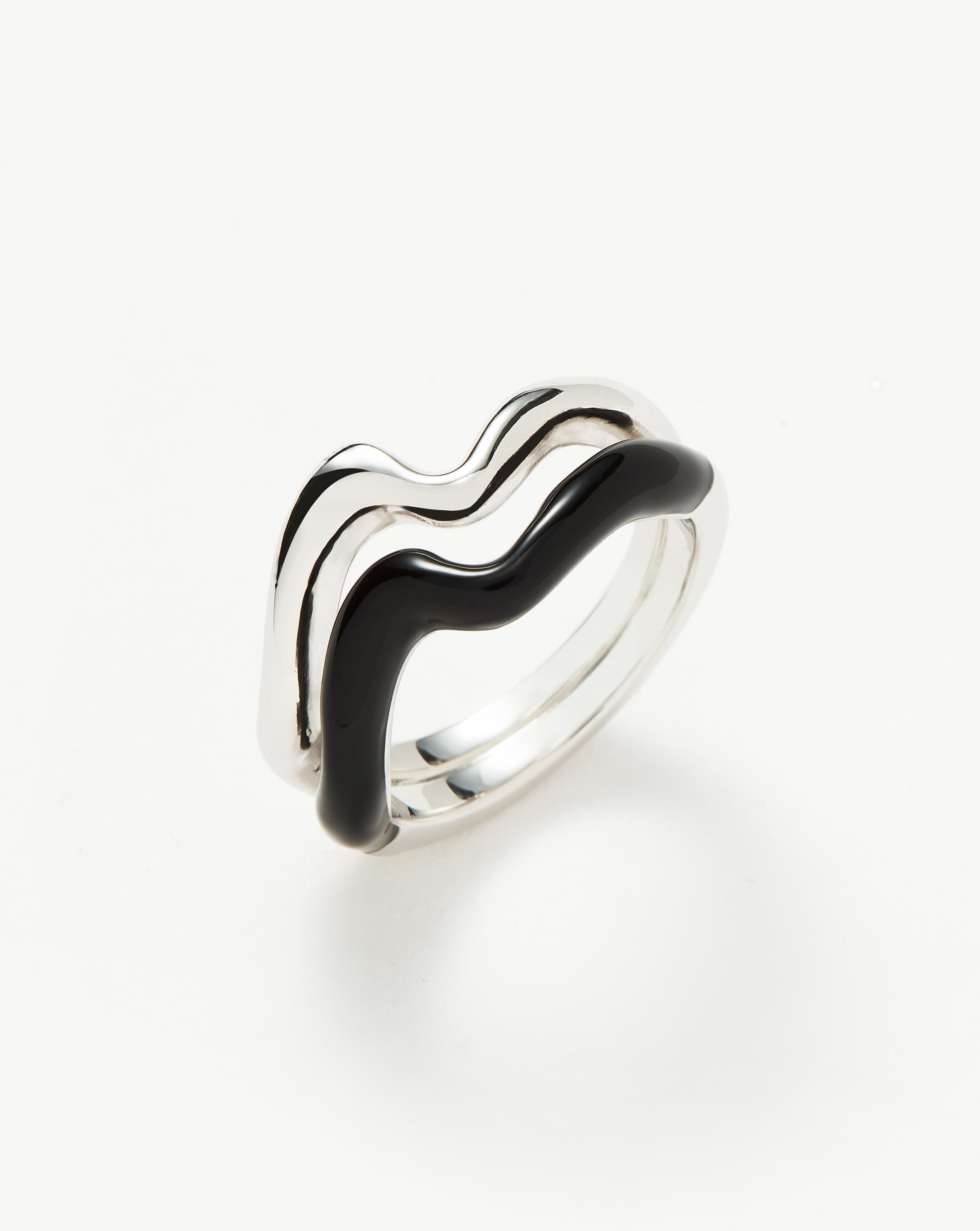 Squiggle Curve Two Tone Enamel Stacking Ring | Sterling Silver/Black Rings Missoma 