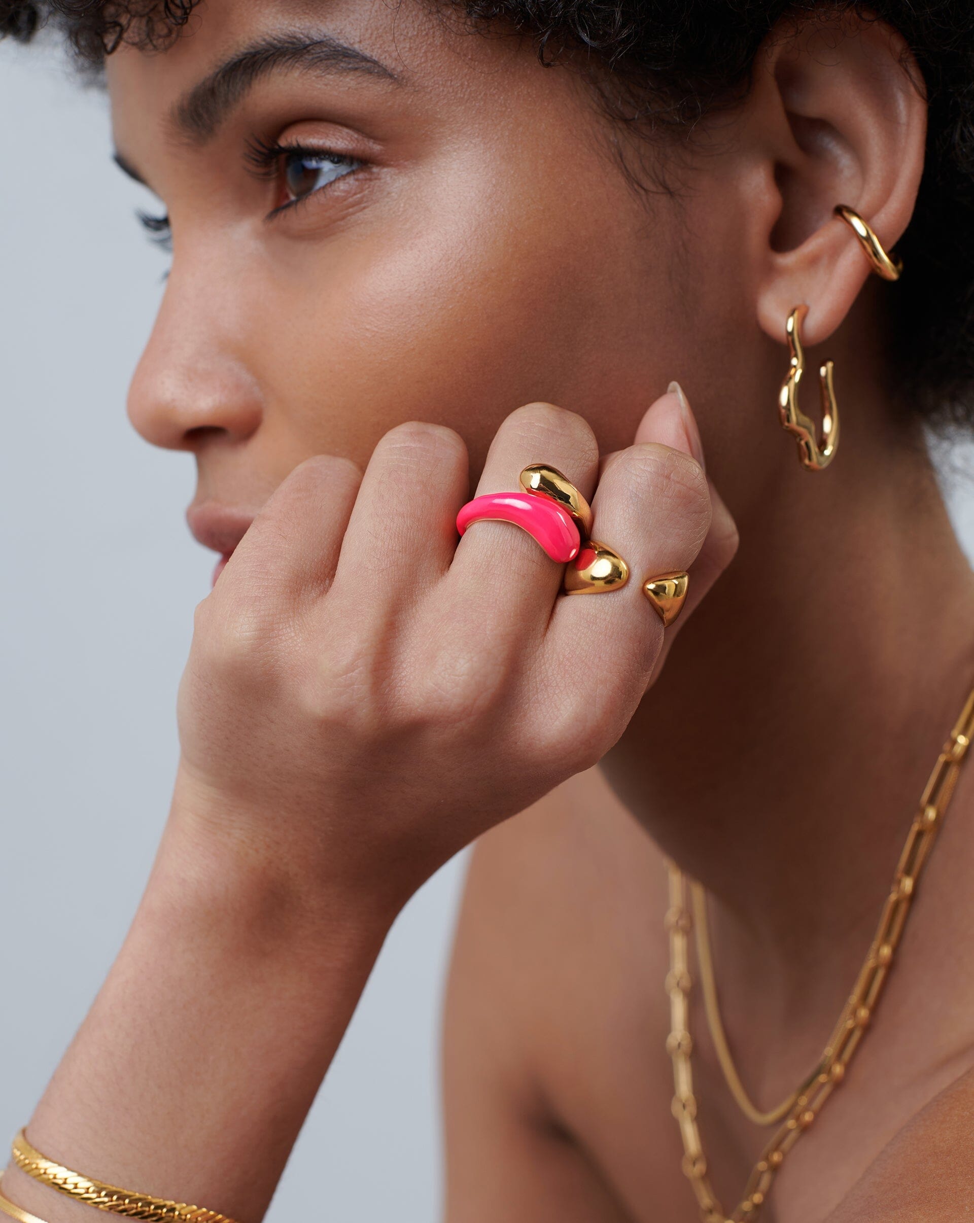 Squiggle Two Tone Enamel Crossover Ring | 18ct Gold Plated Vermeil/Hot Pink Rings Missoma 