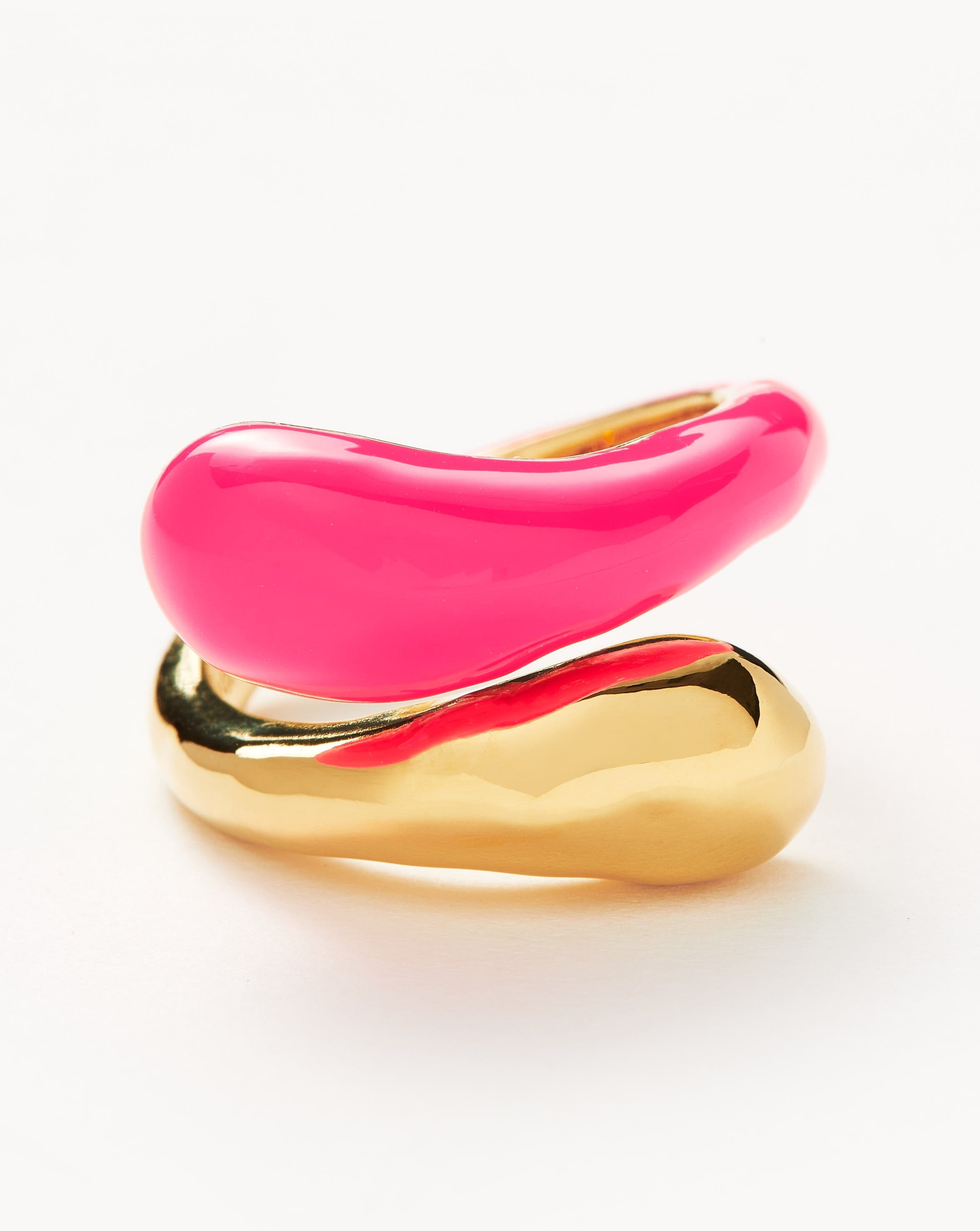 Squiggle Two Tone Enamel Crossover Ring | 18ct Gold Plated Vermeil/Hot Pink Rings Missoma 