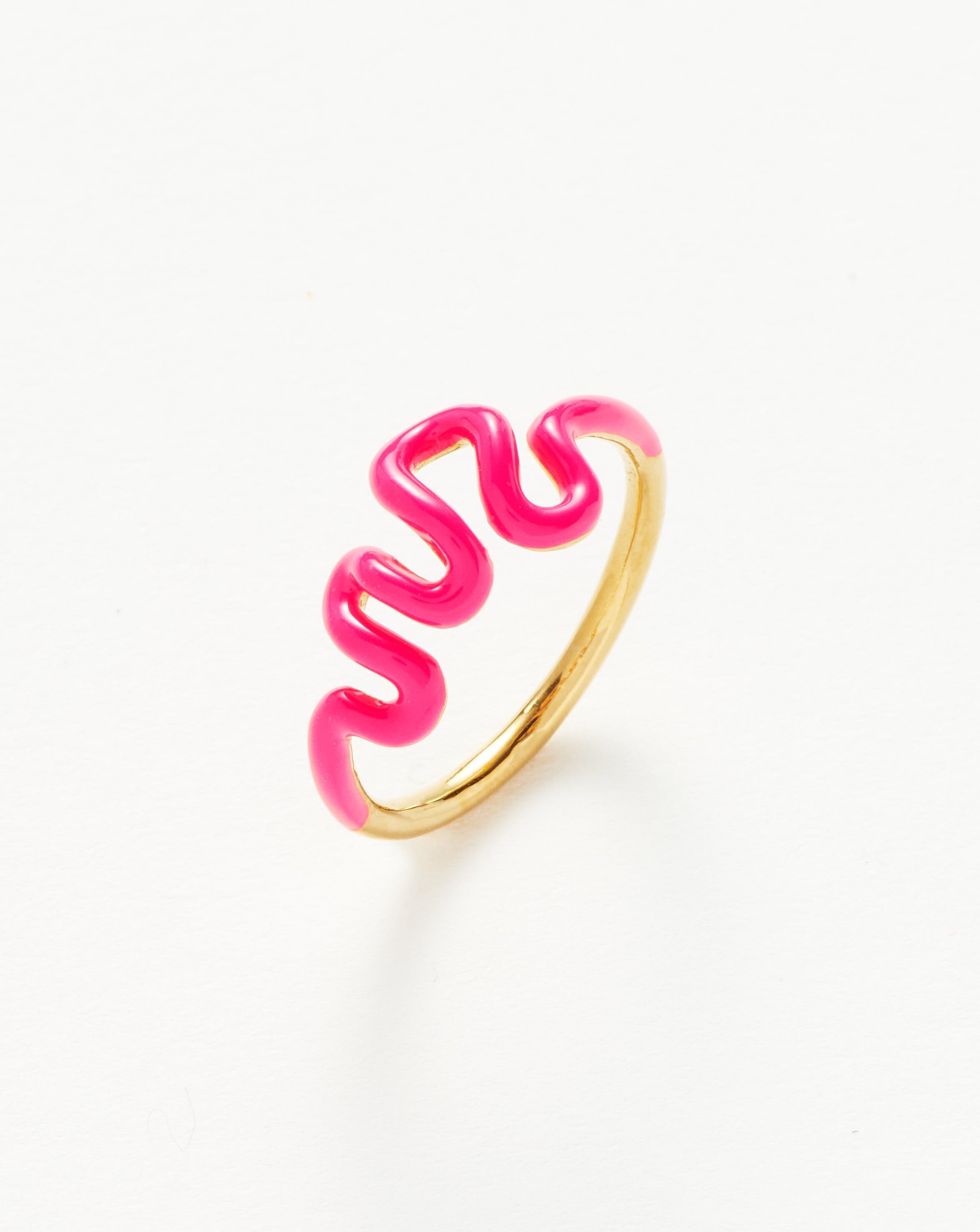 Squiggle Wavy Enamel Stacking Ring | 18ct Gold Plated Vermeil/Hot Pink Rings Missoma 