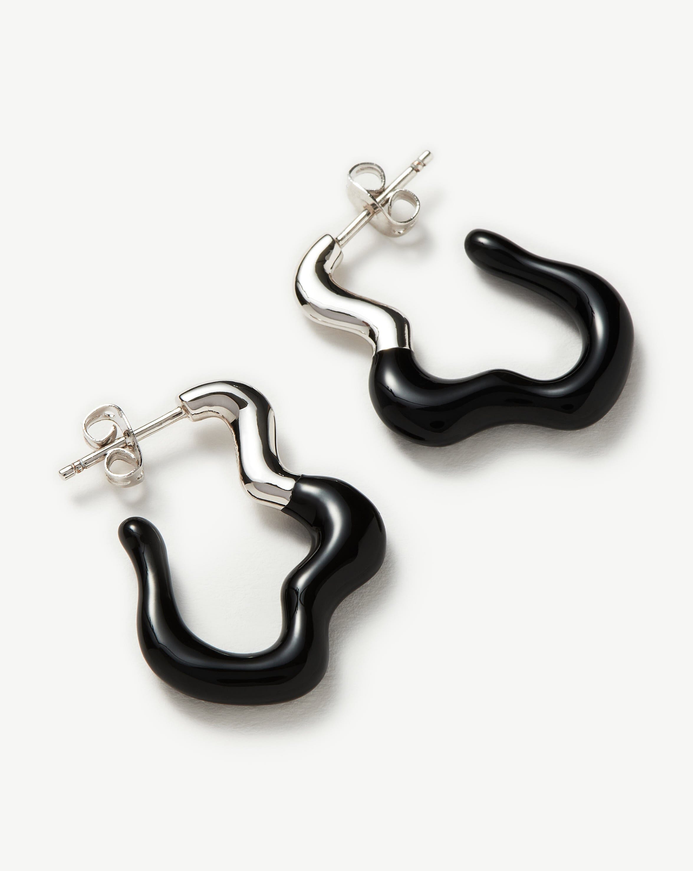 Squiggle Wavy Two Tone Enamel Hoop Earrings | Silver Plated/Black Earrings Missoma 